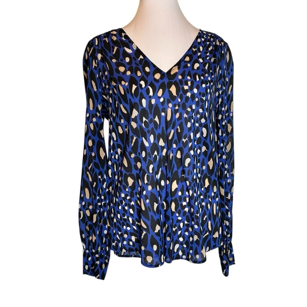 Trina Turk Silk (95%) Top Blouse Size S Blue Black Leopard Print Flowy Loose Fit